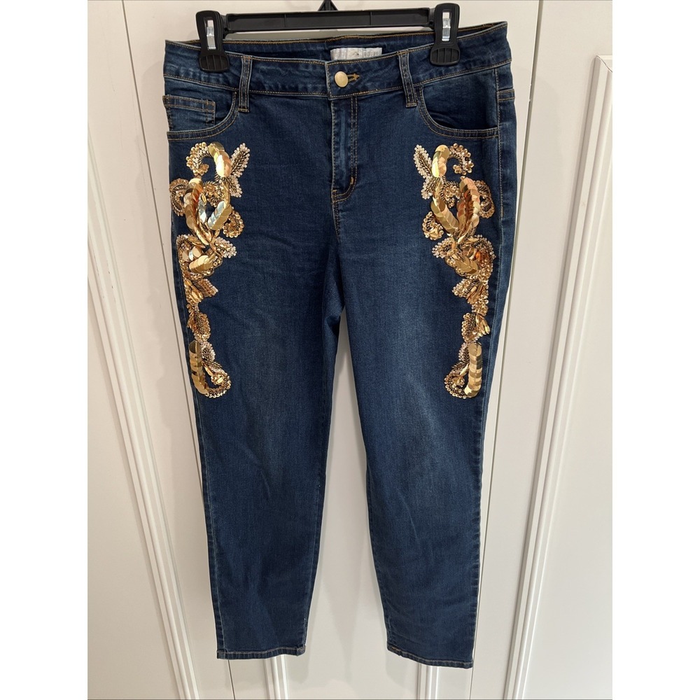 Boston Proper Gold‎ Sequin Embellished Blue Jeans Size 10 Maximalist